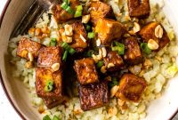 Crispy Air Fryer Peanut Curry Tofu with Ginger Cauliflower Rice