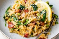 Lemon Orzo with Bacon, Leeks, Peas and Spinach