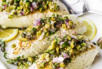 Crispy Pan-Seared Fish with Olive Chimichurri Sauce