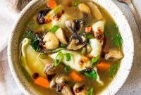 Homemade Potsticker Soup with Ginger, Scallions and Sesame Oil