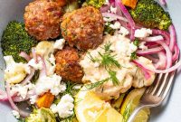 Sheet Pan Mediterranean Meatball Bowls with Hummus