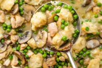 Creamy Chicken and Dumplings with Leeks, Mushrooms and Peas