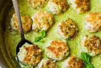 Pesto Chicken Meatballs with Creamy White Bean Puree