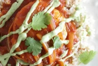 Skillet Chicken with Chipotle Tomato Sauce and Avocado Crema