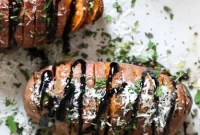 Hasselback Sweet Potatoes with Parmesan and Balsamic Glaze