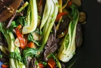 Garlicky Skirt Steak Stir Fry with Baby Bok Choy and Zucchini
