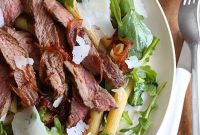 Pan-Seared Steak with Caramelized Onions, Arugula and Pasta