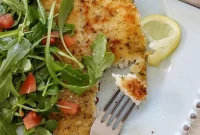 Crispy Flounder Milanese with Arugula and Cherry Tomatoes