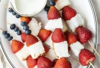 Red White and Blue Fruit Skewers with Cheesecake Yogurt Dip