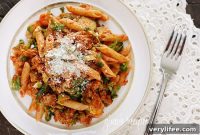 Penne Pasta with Brussels Sprouts and Meat Ragu