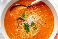 Creamy Roasted Red Pepper Soup with Garlic and Basil