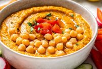 Creamy Roasted Red Pepper Hummus Recipe with Garlic and Lemon