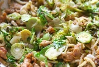 Spiralized Parsnip Pasta with Sausage and Brussels Sprouts