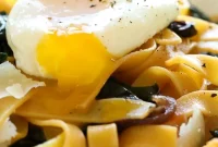 Fettuccine with Garlicky Winter Greens and Poached Egg Recipe