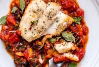 Grilled Mediterranean Sea Bass with Lemon, Olives and Herbs