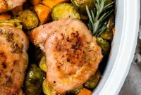 Baked Chicken Thighs with Brussels Sprouts and Sweet Potatoes