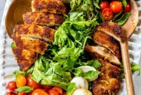 Caprese Chicken Cutlet Salad with Mozzarella and Basil