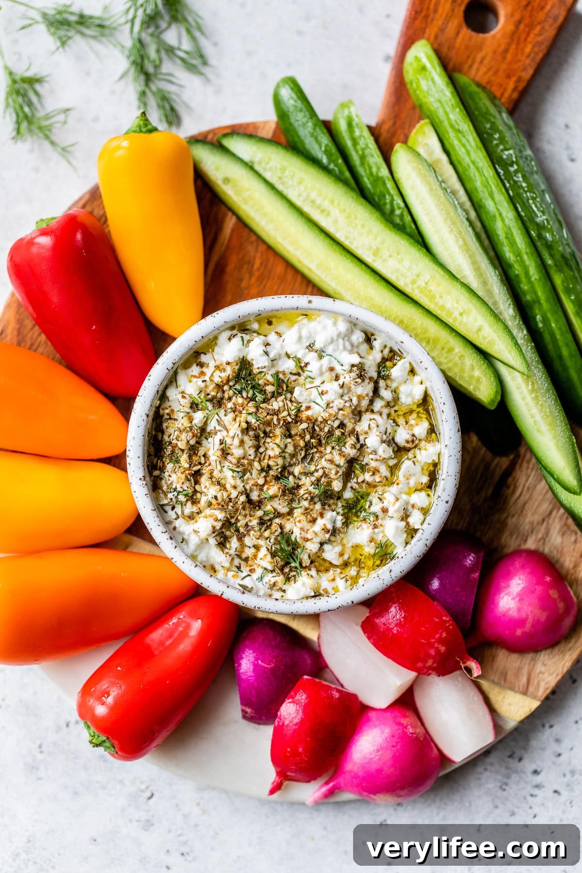 Protein-Packed Cottage Cheese Dip with Zaatar for Veggies 6 platter with cut up veggies and cottage cheese