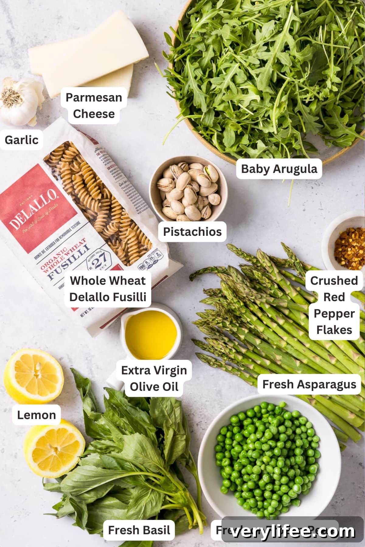 Spring Pesto Pasta with Asparagus, Peas, Arugula and Pistachios 8 Ingredients for Pesto Pasta with Arugula, Asparagus, Peas, and Pistachios.