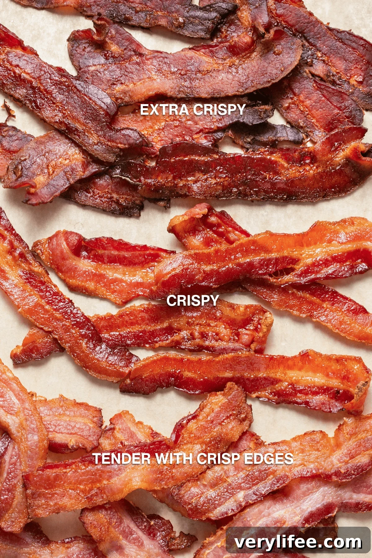 Whether you're a fan of tender, crisp, or extra crispy bacon, this simple method of cooking bacon in the oven is easy. No stovetop mess! Bacon cooked 3 ways on parchment paper.