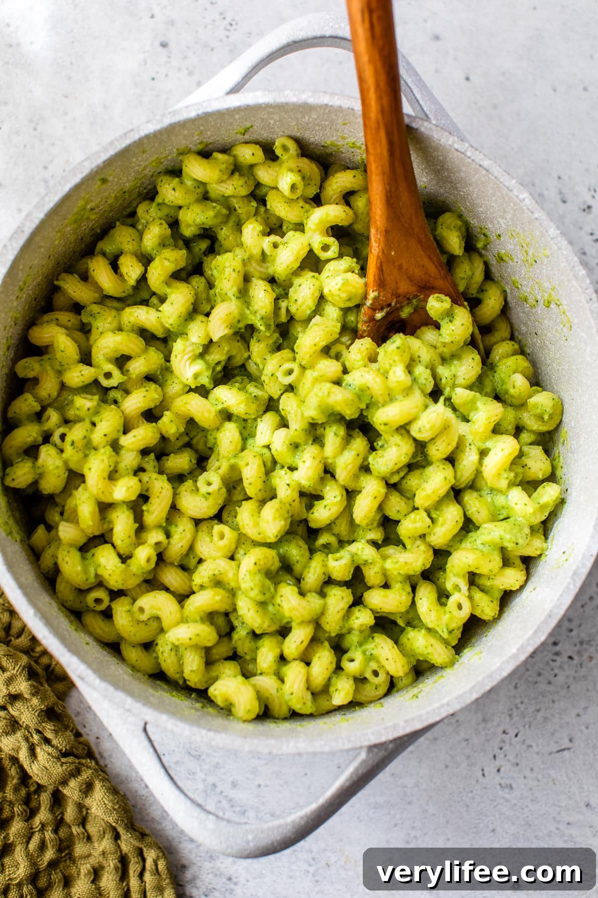 Pasta tossed with creamy roasted zucchini sauce. Creamy zucchini pasta in a pot.