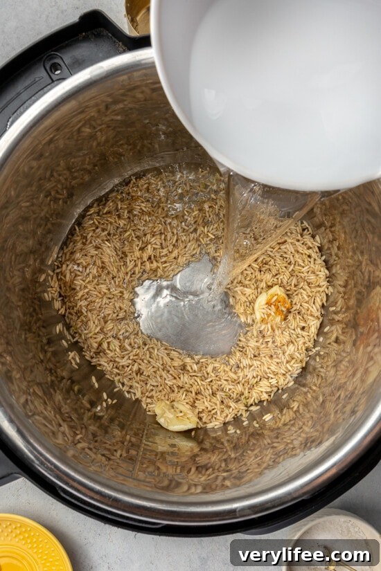 Instant Pot Brown Rice: Perfectly Fluffy Every Time 4 brown rice, water and garlic in pressure cooker