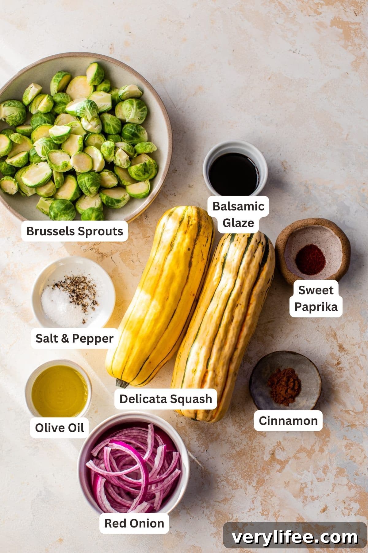 Ingredients for Roasted Delicata Squash and Brussels Sprouts.