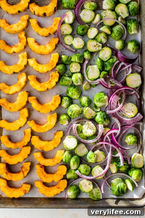 Delicata Squash, Red Onion and Brussels Sprouts on a sheet pan