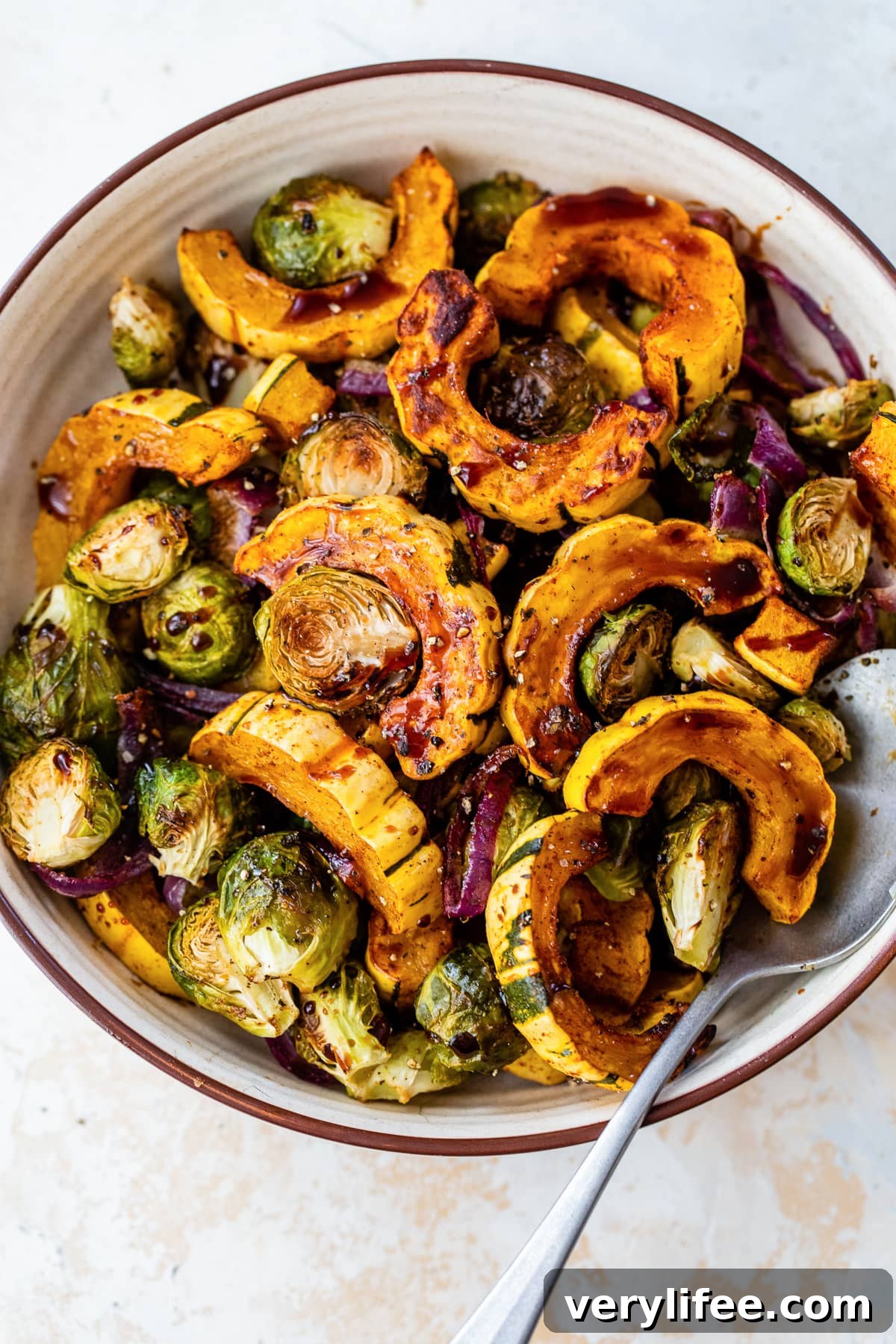 Roasted Delicata Squash and Brussels Sprouts with Balsamic Glaze