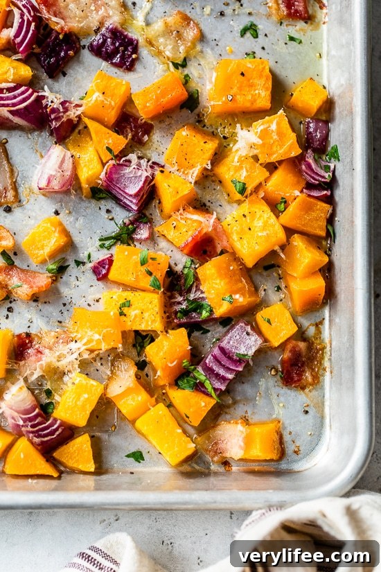 Roasted Butternut Squash with Onions, Bacon and Parmesan