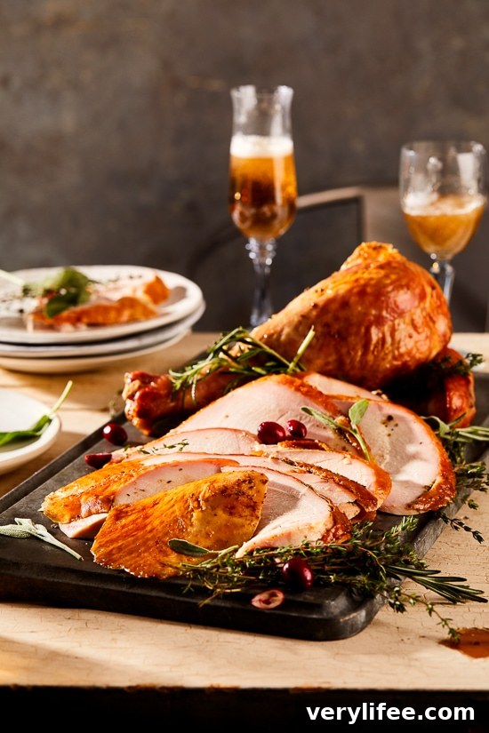 Herb and Salt-Rubbed Dry Brine Turkey with crispy skin and juicy meat.