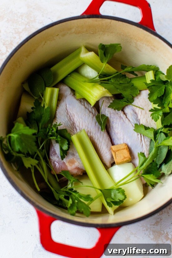 Turkey Stock Ingredients in a Dutch Oven