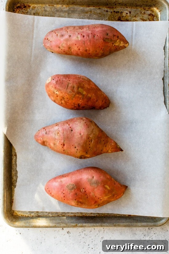 Gooey Twice-Baked Sweet Potatoes with Toasted Marshmallows 5 sweet potatoes ready for the oven