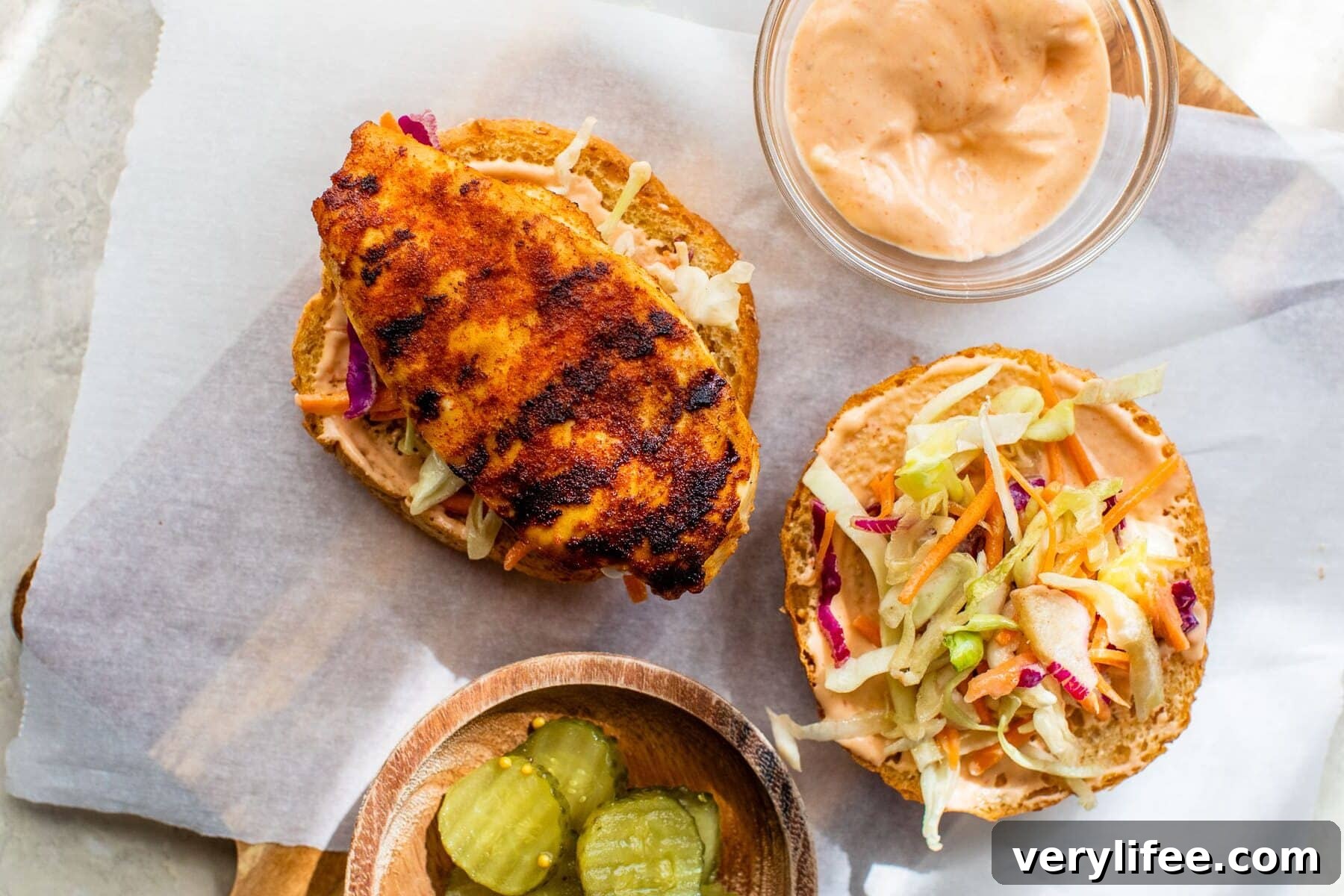 Grilled Chicken Sandwiches with slaw, pickles and spicy mayo