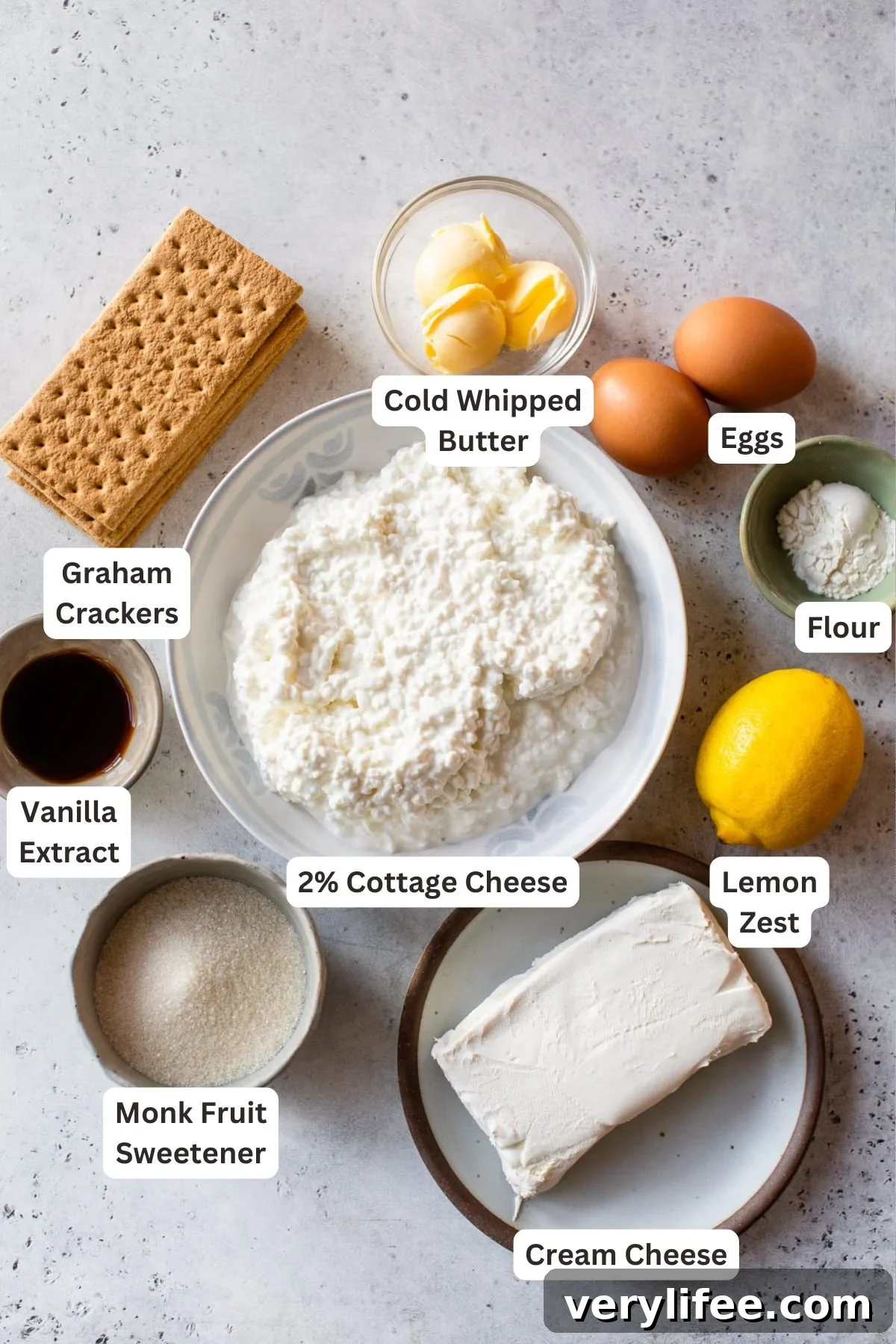 Ingredients for Cottage Cheese Cheesecake.