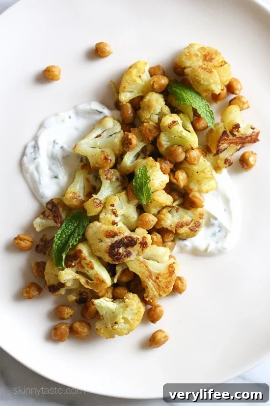 Roasted Cauliflower and Chickpeas with Minted Yogurt