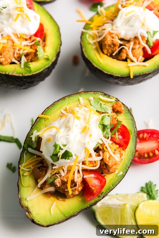 Turkey taco stuffed avocados make a fresh, low-carb twist on taco night.