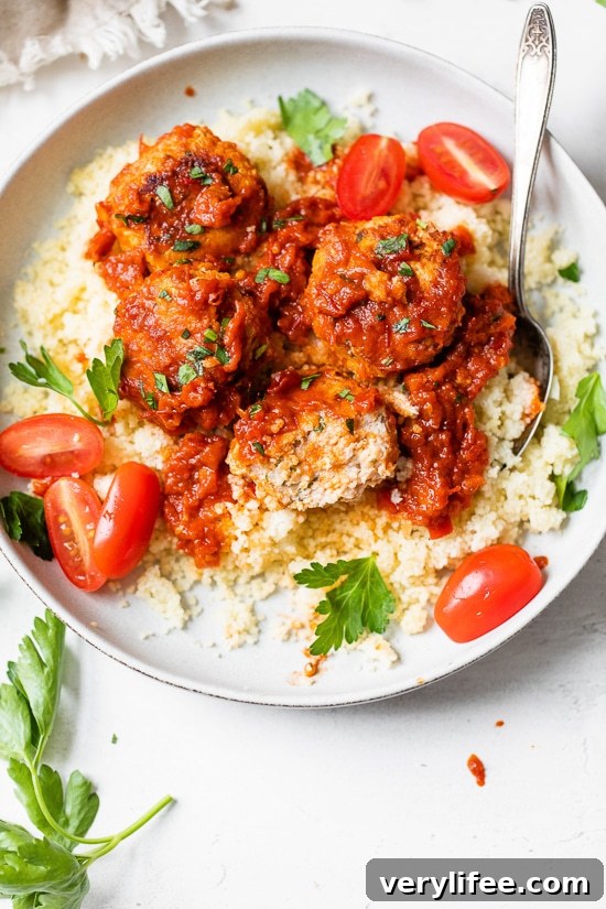 Harissa chicken meatballs—spiced, grain-free, and served without breadcrumbs.