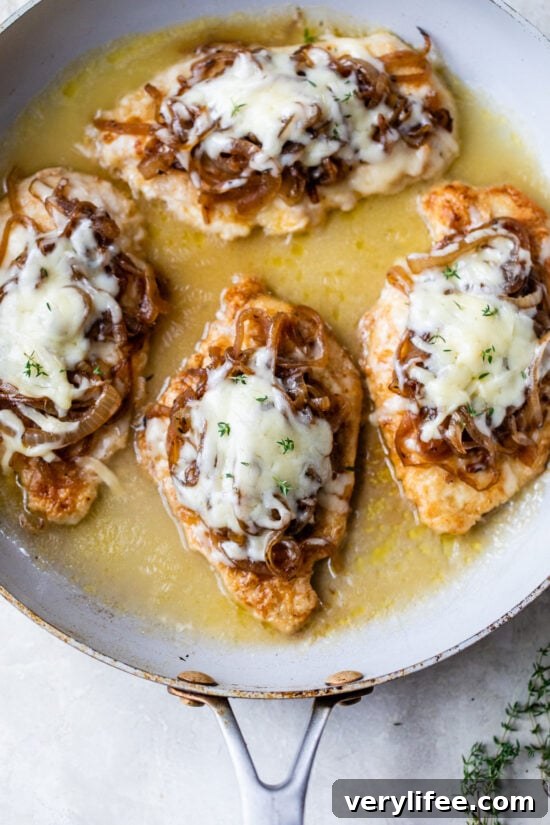 French onion chicken with caramelized onions and mushrooms.