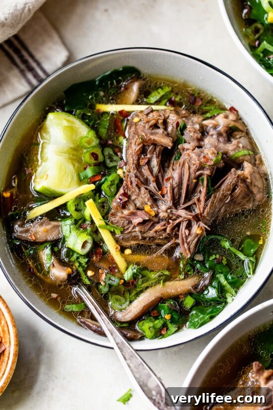 Short rib soup with mushrooms and Swiss chard—cozy and nourishing.