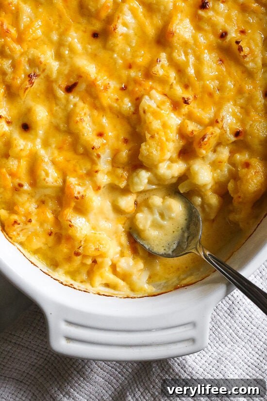 Baked cauliflower mac and cheese — a low-carb alternative to traditional mac and cheese.