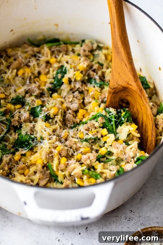 Orzo with Italian Sausage, Corn and Spinach