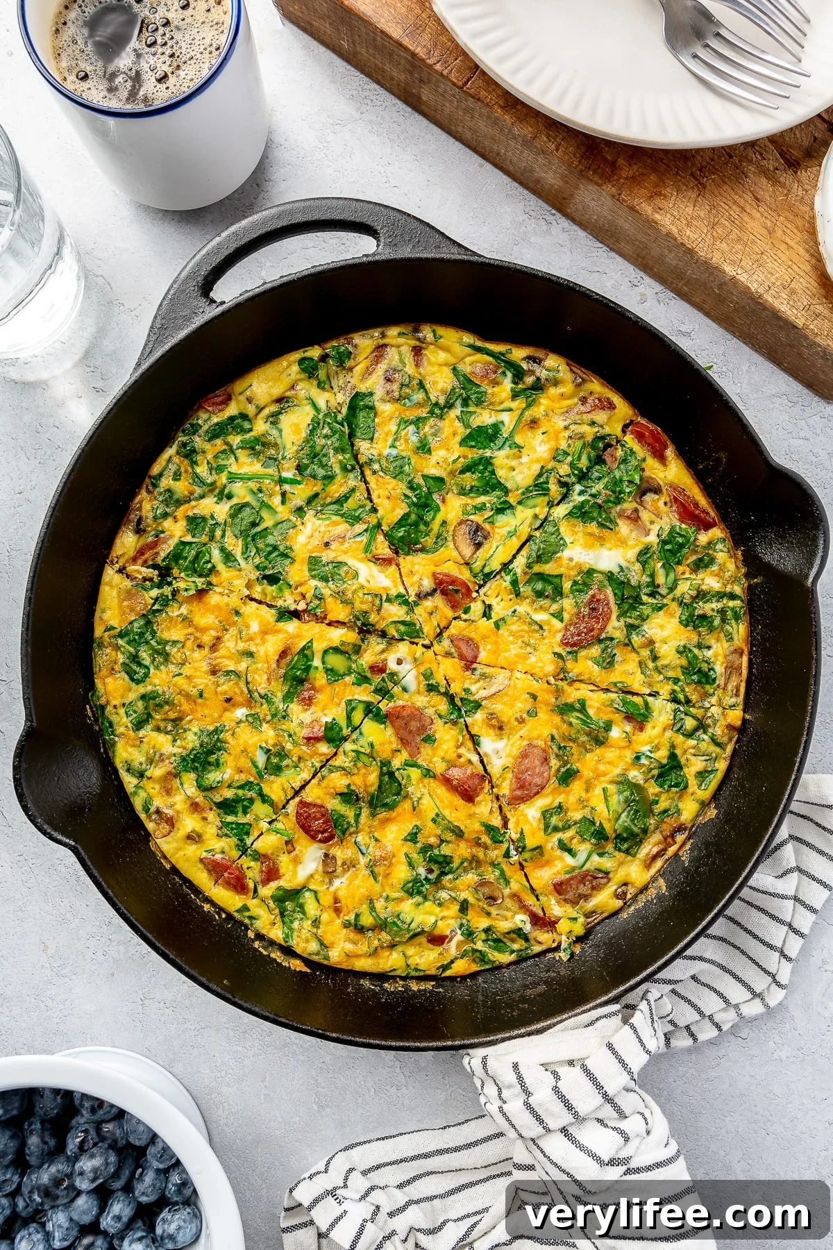 Smoked Turkey Sausage Breakfast Skillet with Eggs and Potatoes 2 Overhead view of a sausage breakfast frittata in a skillet.