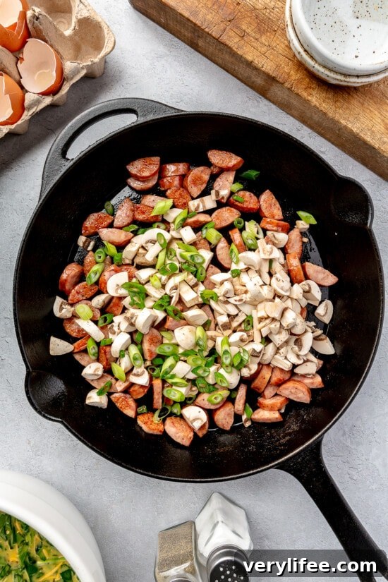 Smoked Turkey Sausage Breakfast Skillet with Eggs and Potatoes 7 Skillet with smoked sausage, spinach, and mushrooms.