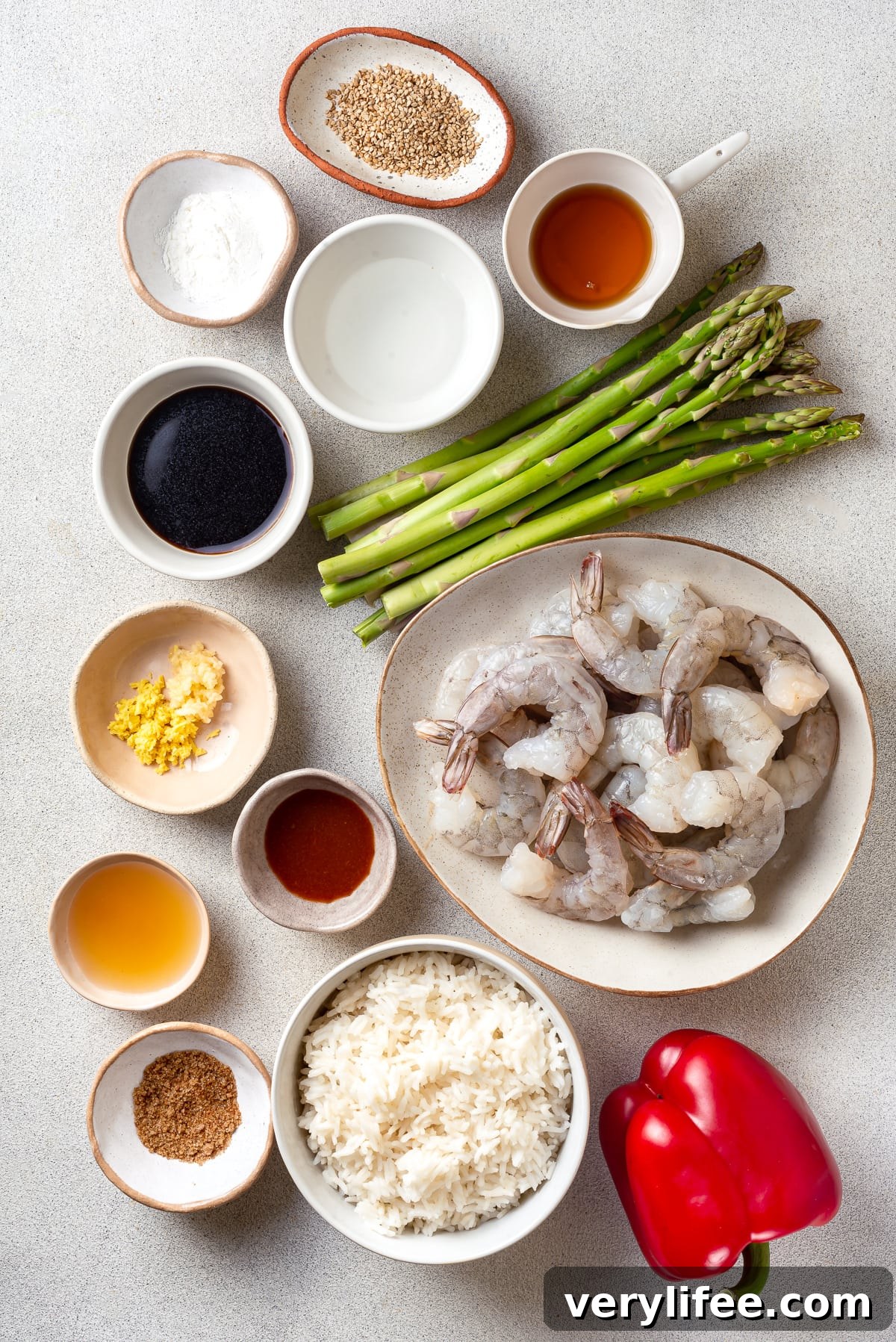 Overhead view of shrimp stir fry ingredients