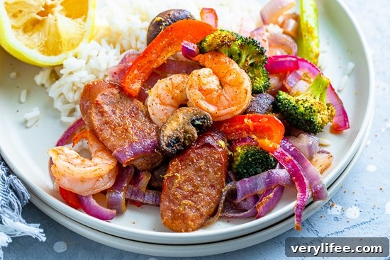 Shrimp and Andouille with veggies.