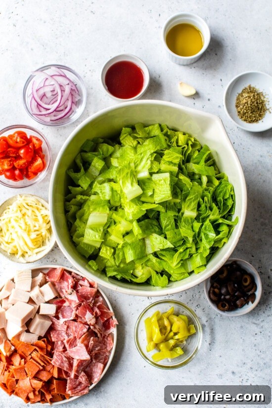 Italian Sub Salad with Salami, Provolone & Pepperoncini 4 sub in a tub ingredients