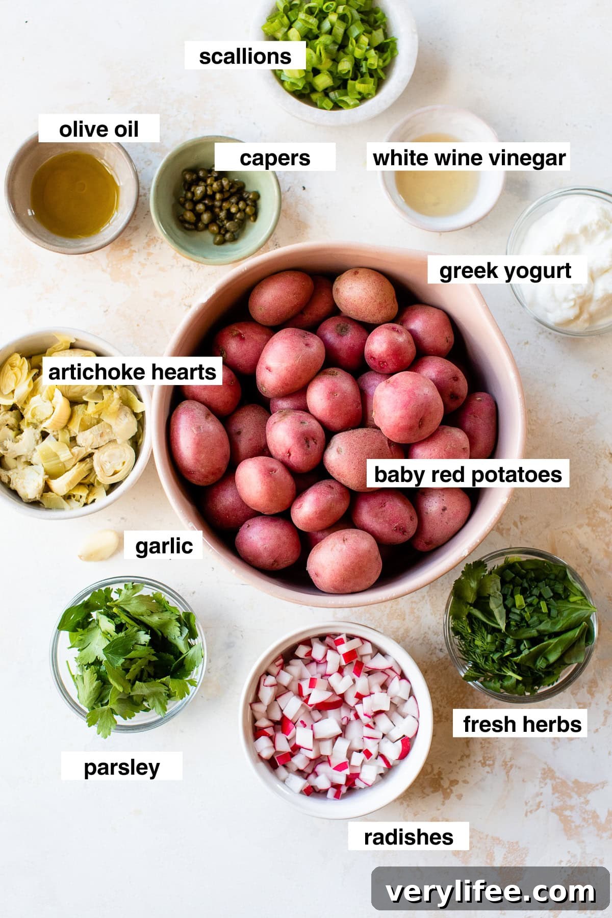 Creamy Green Goddess Potato Salad with Fresh Herbs 3 potatoes, herbs, radishes, artichokes