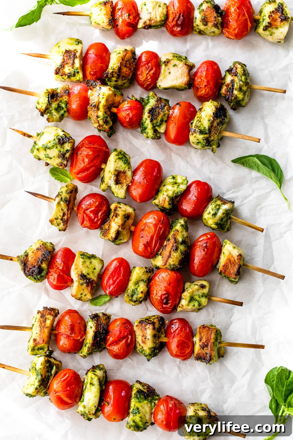 Grilled Pesto Chicken and Tomato Kebabs