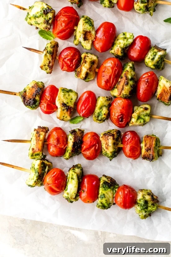 Grilled Pesto Chicken and Tomato Kebabs
